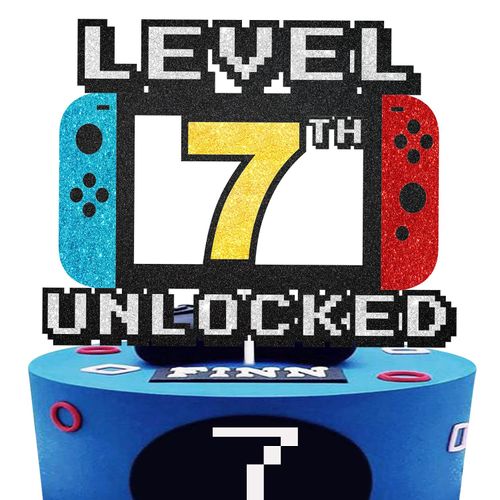 Level 7th Unlocked Cake Topper - Level 7th game Sign Theme Party Decorations 7th Happy Birthday Level Up Cake Decorations for Video Game Themed Kids Boy Girl Party Supplies