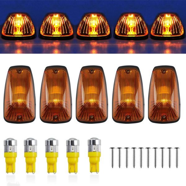 Cab Maker Roof Running Light Cover Base + 5X Amber T10 194 168 5050 LED Light Bulbs for Chevy/GMC C1500 C2500 C3500 K1500 K2500 K3500 1988-2000 Pickup Trucks 264159BK