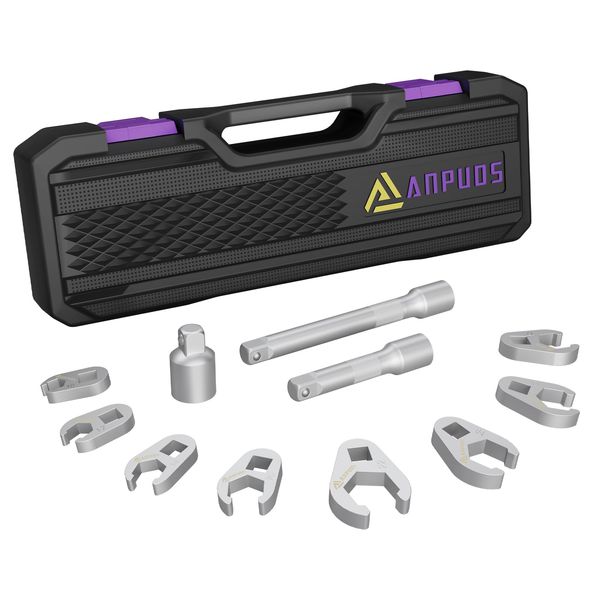 ANPUDS 3/8" Drive Crowfoot Wrench Set, 11-Piece Metric Crows Foot Wrench Set with 2 Extension Bars, 1/2''to 3/8'' Adapter, Storage Box, Flare Nut Wrench Set for Repair Work Tight Spaces