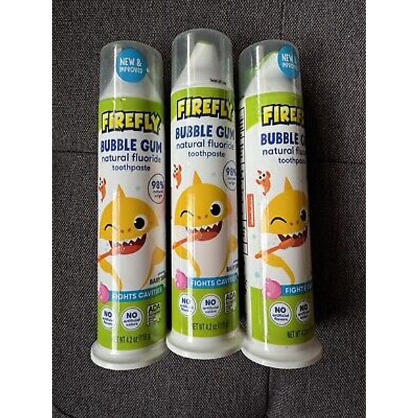 Firefly Kids' Anti-Cavity Natural Fluoride Toothpaste Bubble Gum Flavor Lot Of 3