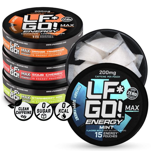 LF*GO! Energy Pouches | Caffeine Pouches | Flavor Multi-Pack | Sour Cherry | Mint | Orange Tangerine | Strawberry Kiwi | 200 mg Natural Caffeine | 15 Pouches Per Can | 4 Cans