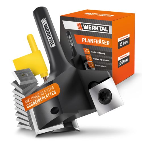 WERKTAL - Face Milling Cutter 8 mm Shank [39 mm Diameter] - Precise Planer Cutter with 10 Extra Indexable Inserts - Professional Face Milling Cutter for 8 mm Router & CNC Milling - End Mill & Dressing