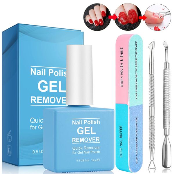 Gel Nail Polish Remover with 7 Way Nail Buffer & Nail Cuticle Pusher, Professional Simple Easier Gel Nail Polish Remover Set for Nails in 2-5mins for Home DIY