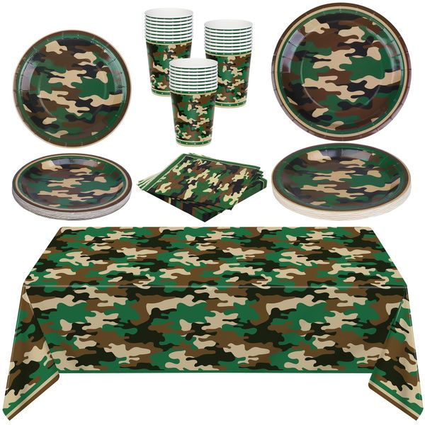 durony 97 Pieces Camouflage Themed Party Supplies Serve 24 Dinner Table Cover Paper Plates Luncheon Napkins Party Cups for Camouflages Hunting Army Military Civil War Party Decorations