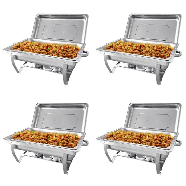 PRIJESSE 4 Pack 8QT Chafing Dish Buffet Set Stainless Steel Food Warmer Chafer Complete Set with Water Pan, Chafing Fuel Holder for Party Catering