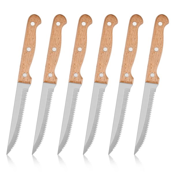 Herogo Steak Knives Set of 6, Stainless Steel Serrated Steak Knife, Sharp Dinner Knives with Wooden Handle, Dishwasher Safe Kitchen Steak Knife Set, Cutlery Knives for Home/Restaurant