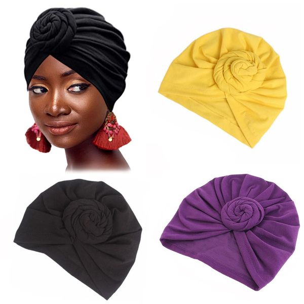 Headwrap Beanie Hat for Women,3 Pieces Soft Pre Tied Knot Fashion Pleated Turban Cap Hair loss Beanie Sleep Hat. Women Gift(Black/purple/yellow)