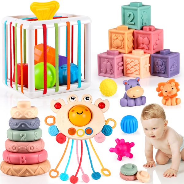 Montessori Toys for Babies 6-12 Months, 6 in 1 Baby Toys 6 7 8 9 10 11 12-18 Months Include Sensory Bin Toy, Pull String Toy, Stacking Building Blocks,Sensory Toys for 1 2 Year Old Toddler Toys Gifts