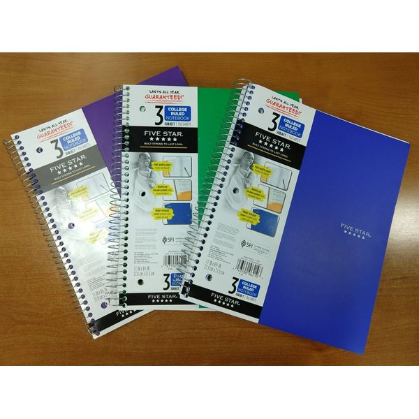 3 Pack: Five Star College Ruled, 150 Sheet, Purple/Green/Blue Notebooks  -E10G