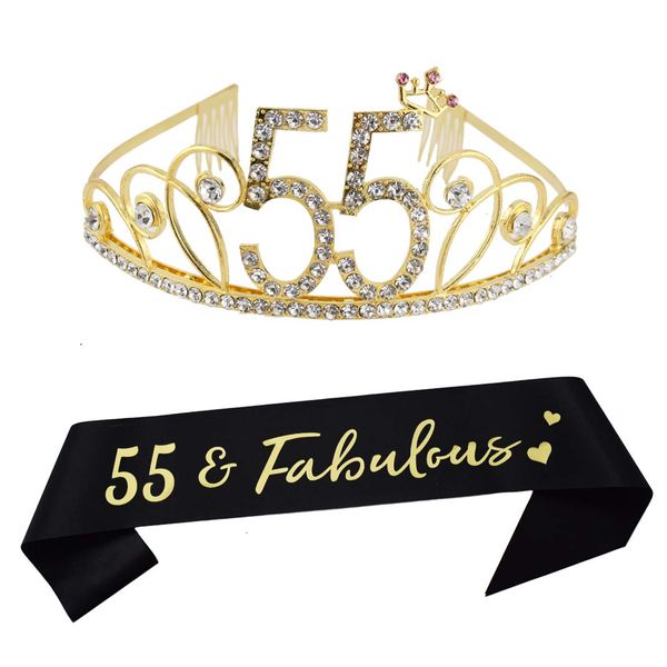 Dgasin 55th Birthday Tiara and Sash Happy 55th Birthday Party Supplies 55 Fabulous Black Glitter Satin Sash and Crystal Tiara Princess Birthday Crown for Women 55th Birthday Party Decorations