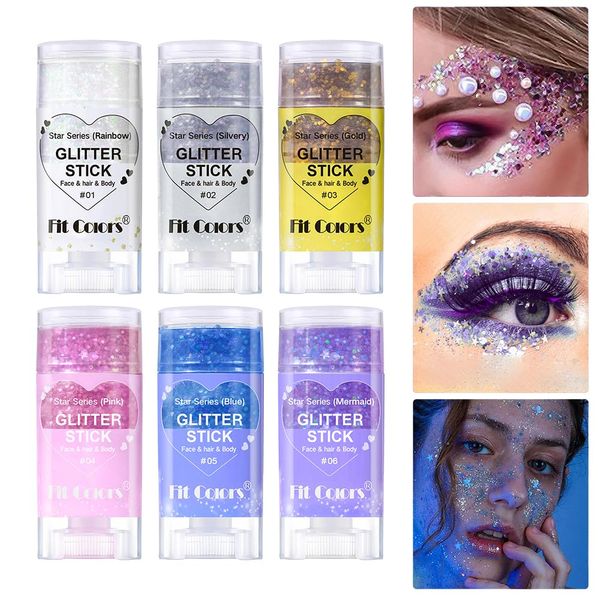 6 colori Chunky Sparkling Glitter Stick, Body Glitter Gel, Mermaid Sequins Chunky Glitter Liquid Gel, Glitter Face Body Trucco, Festival Glitter Face Face per feste Carnevale (6 colori)