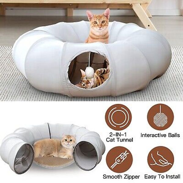 2 in 1 Foldable Cat Tunnel Pet Bed Indoor Playground Toys for Small Medium Cats