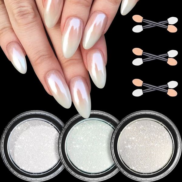 Pearl Chrome Nail Powder - 3 Boxes Aurora Ice Transparent White Chrome Powder for Nails Glazed Donut Pearlescent Magic Nail Powder Mirror Effect Pigment Glitter