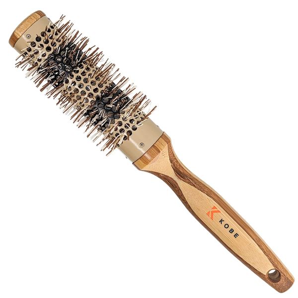 Kobe Pinto Professional Bamboo Thermal Round Brush - Styling Brush for Blow Drying, Curling Brush - Eco Friendly Bamboo Handle - Heat-Retaining Ceramic Barrel Brush (32 mm)