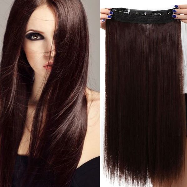 [23" Inch/58CM, Medium Brown] Clip In Hair Extensions Straight Synthetic 3/4 Full Head One Piece 5 Clips Hairpieces Silky For Ladies