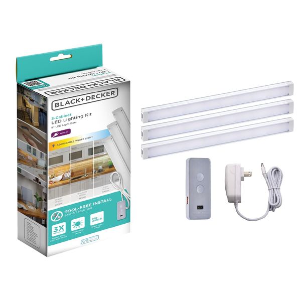 BLACK+DECKER LED Under Cabinet Light Kit, Motion Sensor, Dimmable, Linkable, 3 Color Settings, Tool-Free, for Kitchen, Cabinets and Closets, (3) 9" Bars