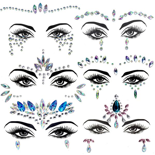 Tsling 6 Pcs Face Gems Glitter Stickers,Rhinestone Face Gemstone Stick On,Self-Adhesive Face Body Jewel Tattoo for Christmas Halloween Carnival Party Rave Festival