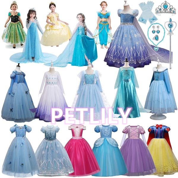 Children's Princess Dress, Costume, Cosplay, Elsa, Anna, Aurora, Snow White, Bell, Cinderella, Girls, Halloween, Christmas, Birthday, Gift, Heart Tiara, Magic Wand, Necklace, Earrings, Ring, Gloves Included (D, 3.6 ft (110 cm))