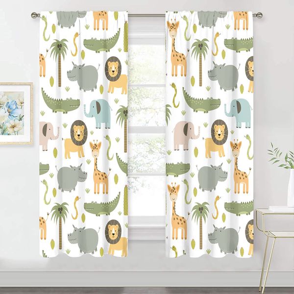 MESHELLY Nursery Safari Animals Curtains 29 (W) X 63(H) Inch Rod Pocket Baby Boy Kids Woodland Jungle Lion Elephant Printed Curtains for Living Room Bedroom Window Drapes Fabric 2 Panels