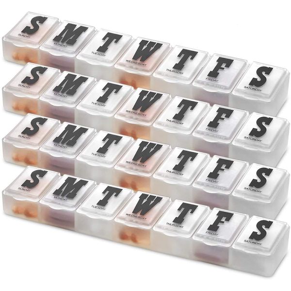 MEDca Pill Organizers - Pack of 4 Bold Letter Weekly Pill Planners for 28 Days Total to Separate Supplements, Fish Oils & Vitamins Daily Medication Reminder for Travel & Purse