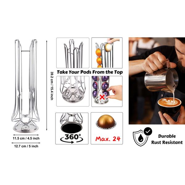 EXZACT Coffee Capsule Holder, Compatible with Vertuo, Not sold or created by Vertuo, Rotating Pod Tower Rack (Max Capacity 24, Pods Not included)