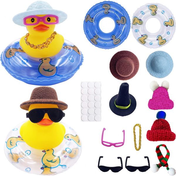 2PCS Car Rubber Duck Decoration Dashboard Yellow Duck with Hat Sunglasses Gold Chain Donut Scarf for Bath Toys Baby Shower Toy Car Office Bedroom Ornaments