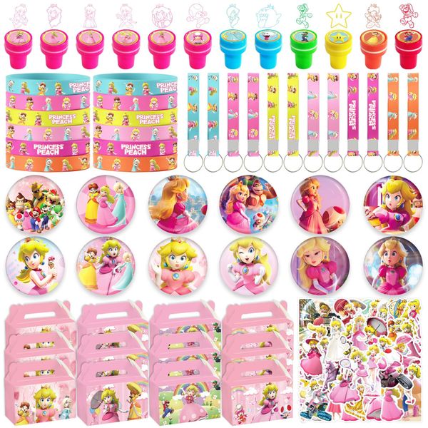 WOOACME Princess Peach Party Favor, 110Pcs Princess Peach Party Supplies Include Button Pins, Key Chains, Bracelets, Stickers, Themed Stamps, Gift Bags, Princess Peach Party Decorations for Girls