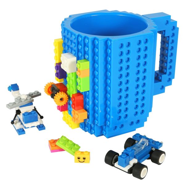 Lumsburry Build-on Brick Coffee Mug, Funny DIY Novelty Cup with Building Blocks Creative Gift for Kids Men Women Xmas Birthday (Blue)