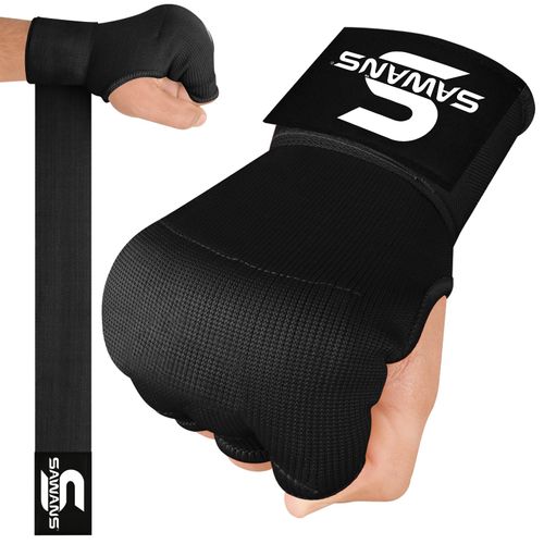 SAWANS Boxing Hand Wraps Inner Gloves for Hand Protection Long Wrist Straps Elasticated, Padded Martial Arts Combat Gloves Punching Bag Training Gel Mitts Muay Thai MMA (Kids/Junior, Black)