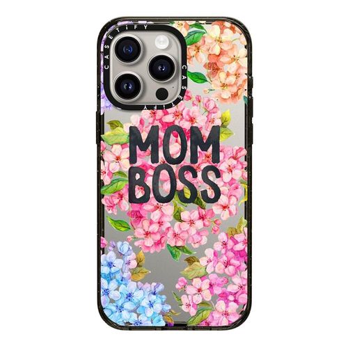 CASETiFY Impact Case for iPhone 15 Pro Max [Slim / 8.2 ft. 4X Military Grade Drop Protection/Wireless Charging Compatible] - MOM BOSS - Clear Black