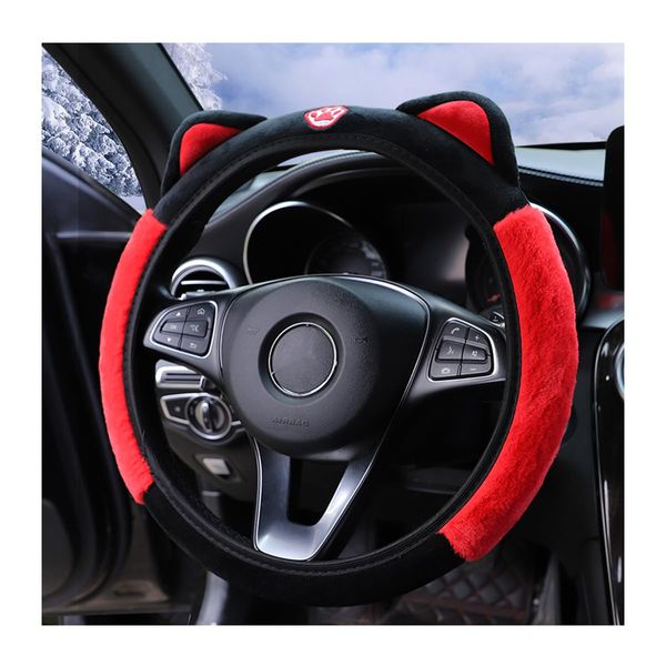 Bittwee Car Steering Wheel Cover, Fluffy Soft Plush for Winter Warm, Cute Steering Wheel Protector with Kitty Cat Ears, Universal 15 Inch, Elastic & Anti-Slip, Lovely Decor Car Accessories (Black/Red)