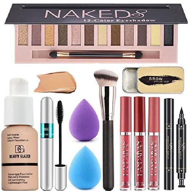 Moist Mall All-in-One Makeup Kit 12 Colors Naked Eyeshadow Palette Brush Nude Foundation Biblely Mascara Liquid Lipstick Sponge Eyebrow Soap Winged Eyeliner Stamp Women's Set