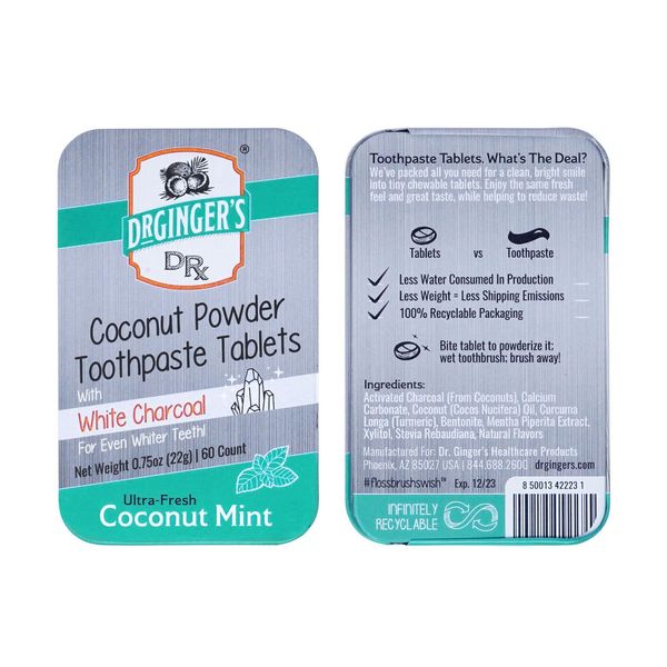 Dr. Ginger's White Charcoal Toothpaste Tablets, Eco-Friendly Travel Chewable Tabs for Whitening, Fresh Breath, & Gum Support, Enamel-Safe, Coconut Mint Flavor, Fluoride-Free 0.75oz Tin, 60 Tablets