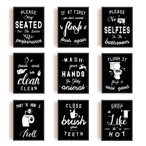 SUPERDANT Bathroom Canvas Wall Art Bathroom Pictures Print Bathroom Funny Toilet Wall Art Bathroom Rules Sign Bathroom Wall Art for Toilet Black Bathroom Decor Toilet Restroom Unframed Black 9 PCS