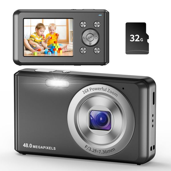 Jckkcfug Digital Camera, HD 1080P Compact Camera with 32GB Memory Card, 48 Megapixel Camera, 2.4-inch LCD 16x Digital Zoom Digital Camera for Kids, Girls, Teens, Boys and Beginners（Black