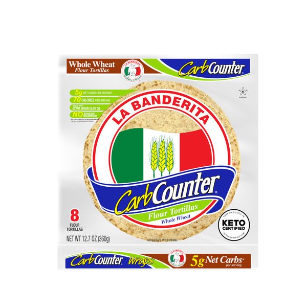 La Banderita® Carb Counter Whole Wheat | 8" Flour Tortillas | Keto Certified | 8 Count 12.7oz. | 4 Pack Case.