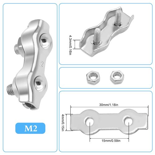 LYCXAMES M2 Duplex Clamp, Pack of 10 Wire Rope Clamp, Stainless Steel 304 Cable Clamp, 2 mm Wire Rope Steel Cable Washing Line Awning Fixed