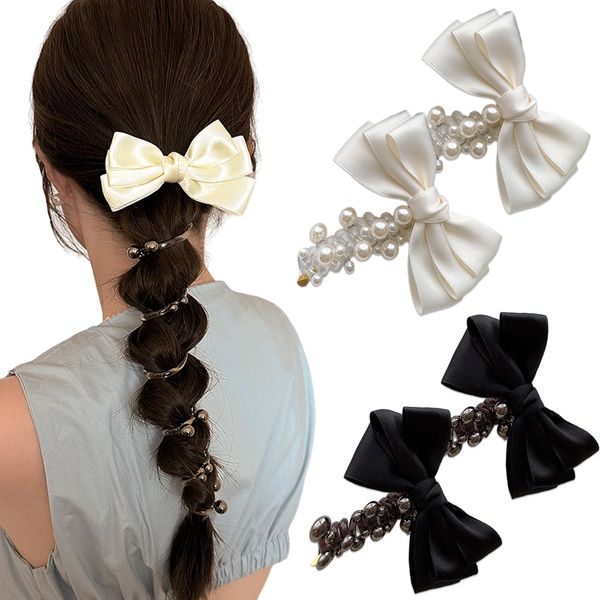 4 Pcs Bowknot Braided Telephone Wire Black White Pearl Hair Bands Elastic Spiral Hair Ties Phone Cord for Women Elegant Ponytail Holder Accessories