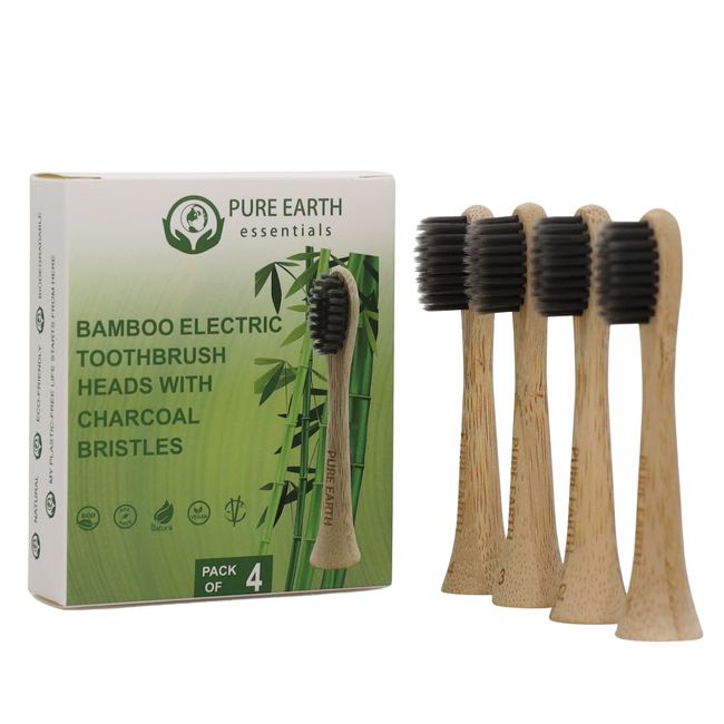 Bamboo Electric Toothbrush Replacement Heads - Charcoal Infused Sustainable Eco Electric Toothbrush Heads Compatible with Sonicare - (Pack of 4) by Pure Earth Essentials