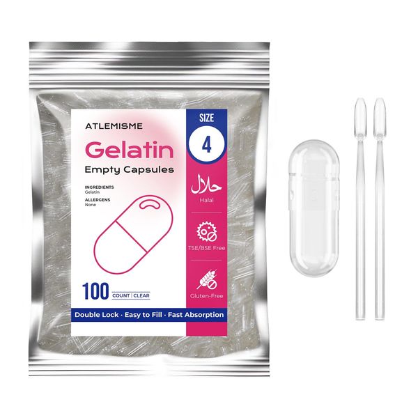 Empty Capsules Size 4 100 count,Clear Empty Gelatin Capsules Kosher,Halal and Non GMO Certified for DIY Supplements.Hypoallergenic Gel Capsules Empty with 2 Spoons,Adapted to the Capsule Filler
