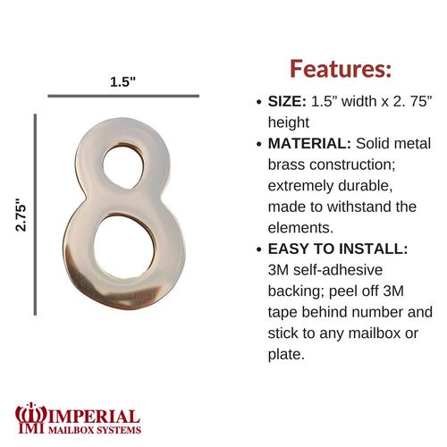 Self-Adhesive 3" inch Imperial Brass Mailbox Number # 8