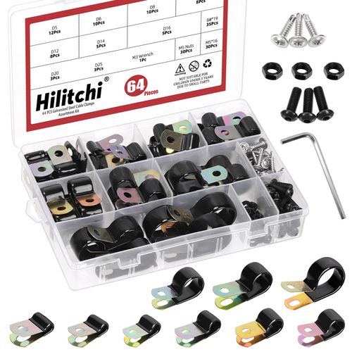 Hilitchi 130PCS 9 Sizes Vinyl Coated Cable Clamps Assortment Kit 5MM-25MM Insulated Hose Pipe Clamp Rubber Cushioned Hose Clamp Insulated Tube Clips for Tube Pipe Wire Cord Installation