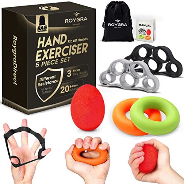 roygra Hand Exerciser, Finger Strengthener, Different Resistance Kit - 5 Pack