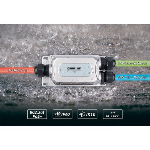 Intellinet Outdoor Vandalproof Gigabit Media Converter and PoE+ Injector – 30W Max Output, 1 1000Base-X SFP Port, 1 10/100/1000 RJ45 Port, IP67 & IK10 Rated – 3 Yr Mfg Warranty – 509213