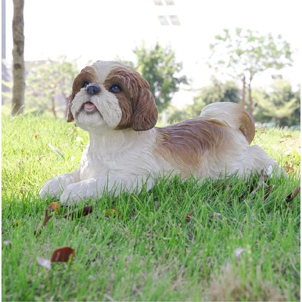 Dog Statue Brown White Shih Tzu Resin Pet Garden Figurine Outdoor Sculpture