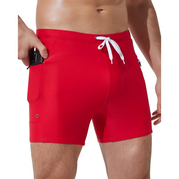 Arcweg Badehose für Herren Schnelltrocknend Schwimmhose Badehose Männer Jungen Beachshorts eng Boardshorts Strand Shorts Sport Kurz Hose mit Taschen Rot M（EU