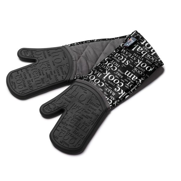 Zeal Silicone Double Oven Gloves, Heat, Steam and Water-Resistant Mitts with Quilted Fabric Inner, Non-Slip Grip. Perfect for Cooking and Baking. Machine Washable, Black