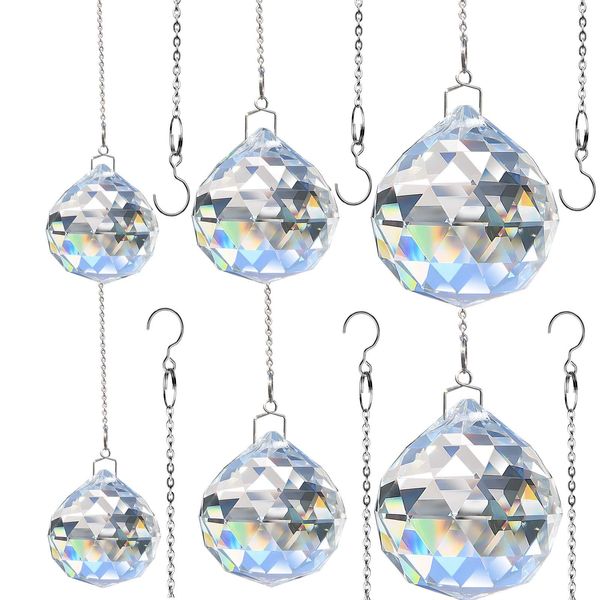 Hisredsun 6pcs Crystal Prism ball with Metal chain, 30-40-50mm K9 Hanging Faceted Prism Balls Window Rainbow Suncatcher Decoration