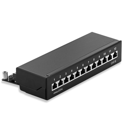 deleyCON CAT 6 Patch Panel Distribution Panel 12 Port - Desktop & Wall Mounting - Shielded - 12x RJ45 Socket - TIA568A TIA568B Black