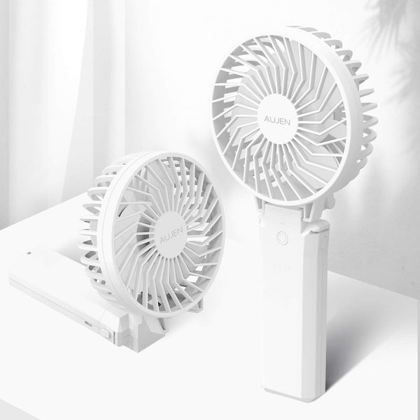 Aujen Portable Fan, Rechargeable, Maximum Operating Time: 35 h, Handy Fan, Handheld Fan, Small, Desktop Fan, 5,200 mAh, Power Bank Included, Portable and Convenient, Foldable, Stand Function, Foldable, White